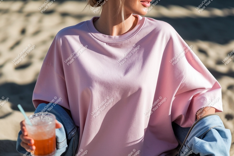 Pink sweatshirt denim jacket drink image