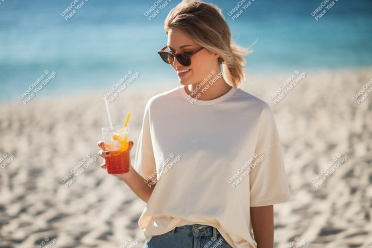 Woman holding drink on beach sunglasses t-shirt
