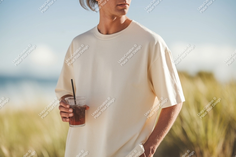 Cream t shirt beverage mockup image