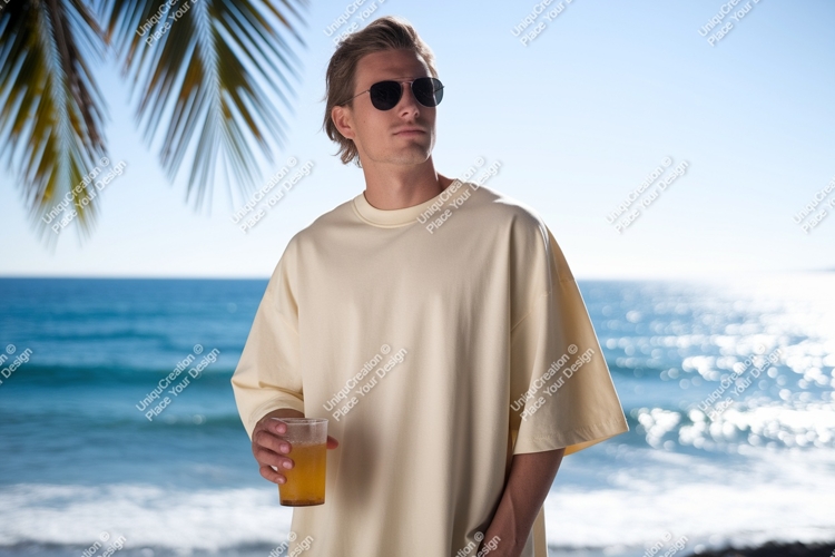 Man wearing light shirt holding drink sunglasses beverage