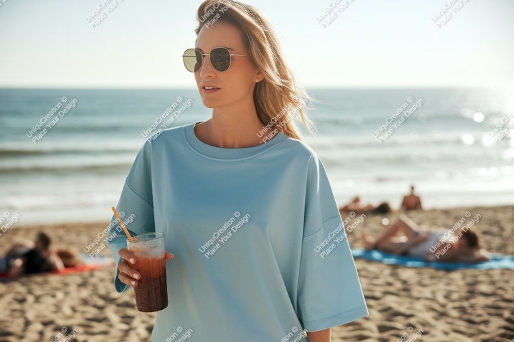 Woman holding drink on beach ocean sand