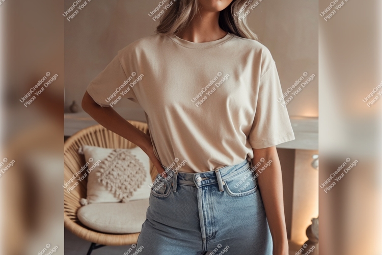 Woman Wearing Beige Tshirt Mockup With Blue Jeans