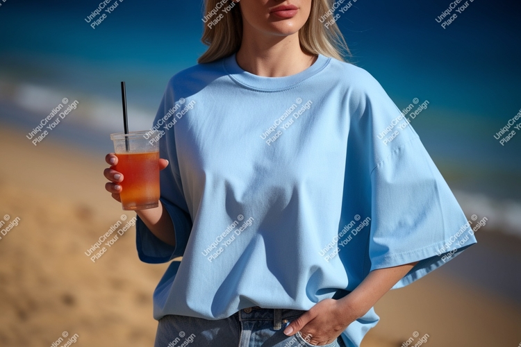 Woman holding drink on beach blue shirt