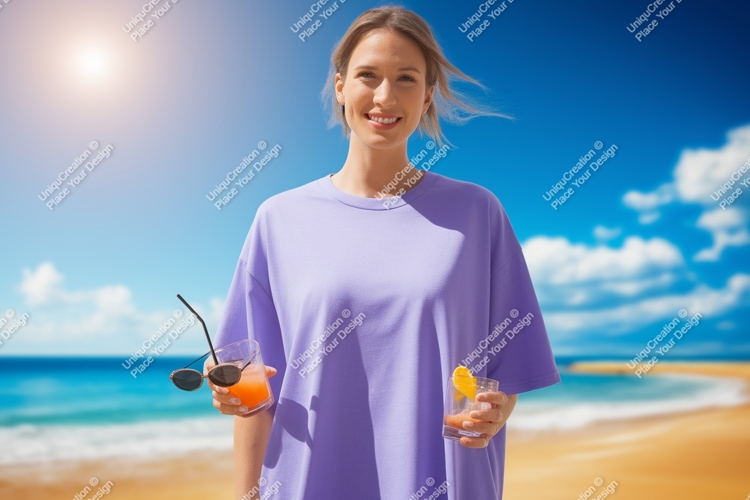 Woman holding drinks on beach ocean clouds