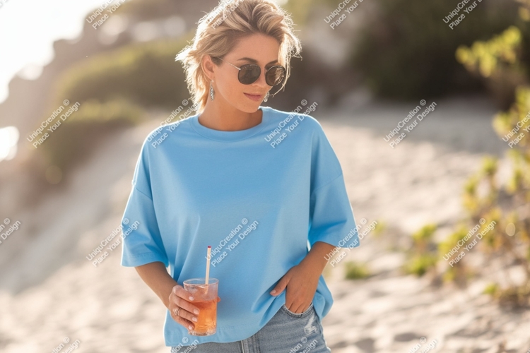 Woman blue shirt sunglasses holding drink image
