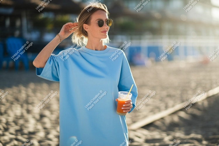 Woman holding drink on beach sunglasses blue