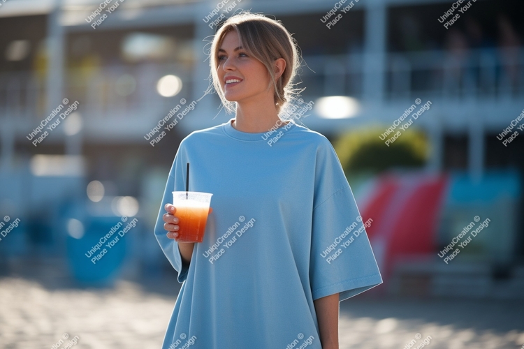 Woman holding orange drink blue shirt image