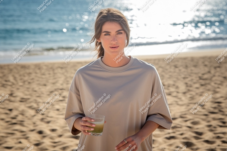 Woman holding drink on beach ocean sand