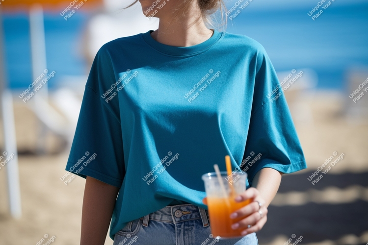 Teal shirt denim jeans holding drink image