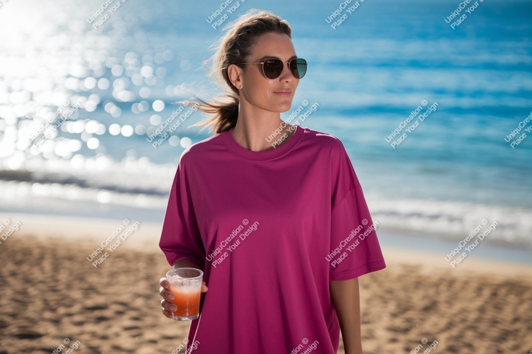 Woman holding drink on beach ocean sand