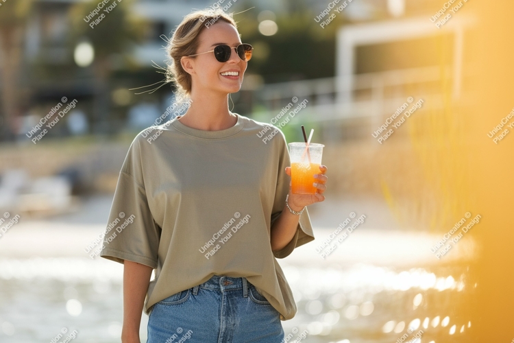 Woman holding orange drink sunglasses beach
