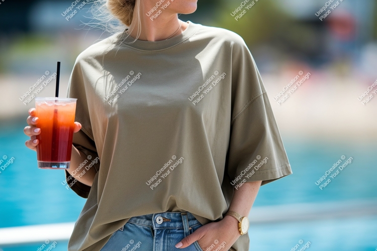 Woman holding refreshing drink wearing casual outfit