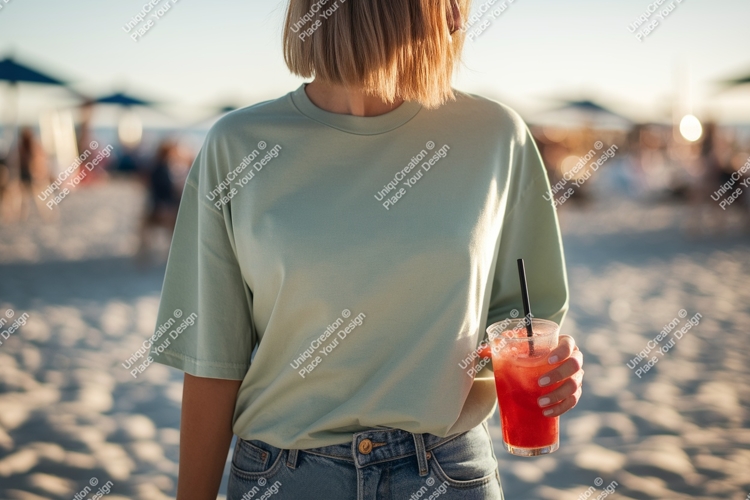 Woman holding red drink on beach image