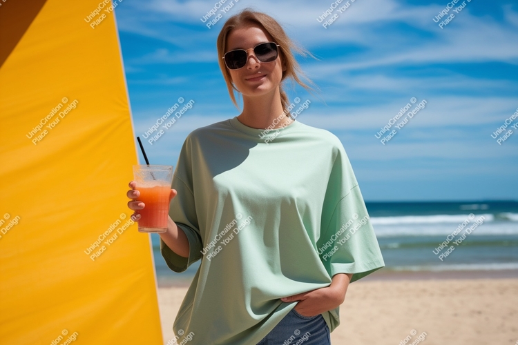 Woman holding drink on beach ocean