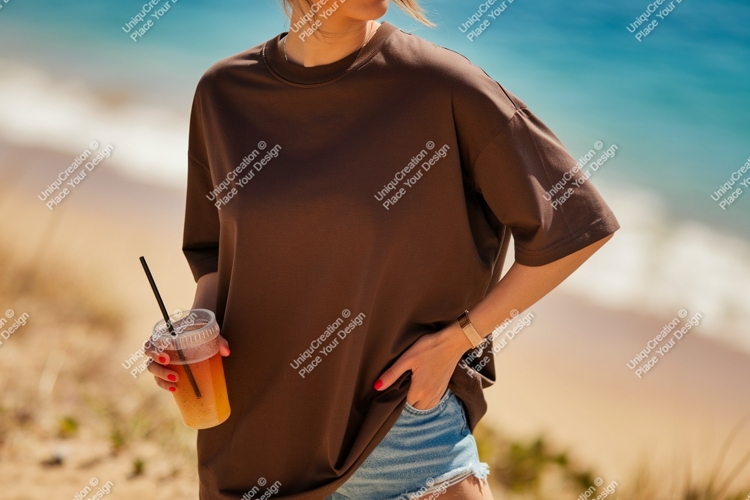 Brown t shirt denim shorts drink image
