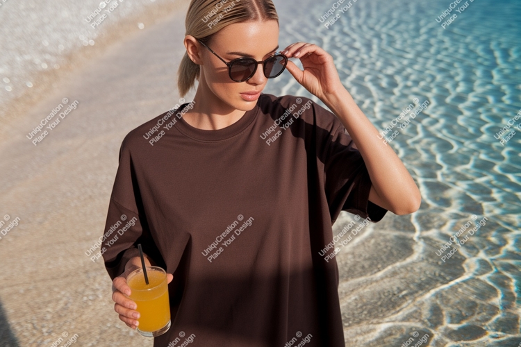Woman holding drink near water sunglasses brown