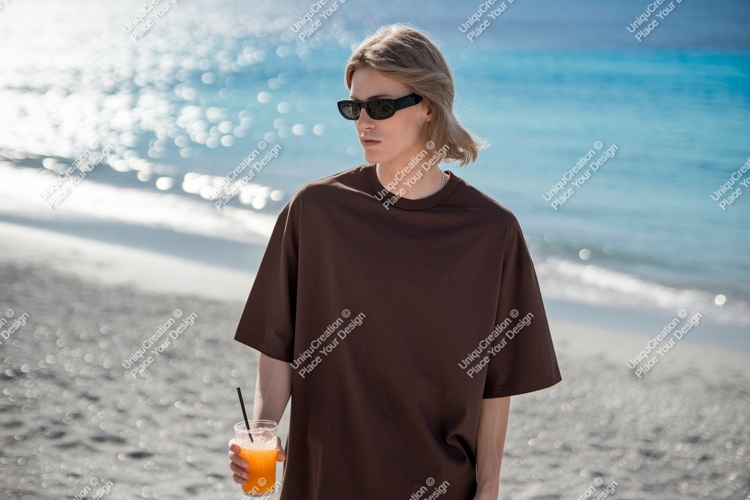 Man brown t shirt sunglasses beach drink image