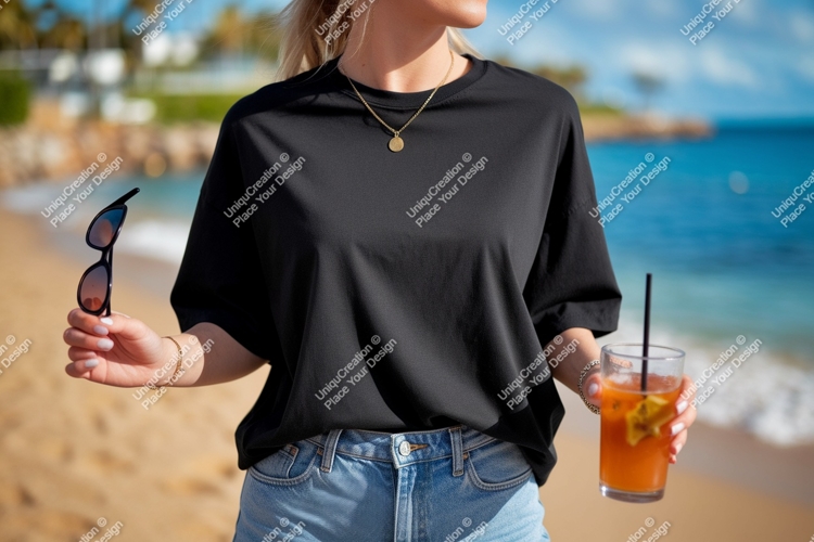 Black t shirt sunglasses drink beach t-shirt