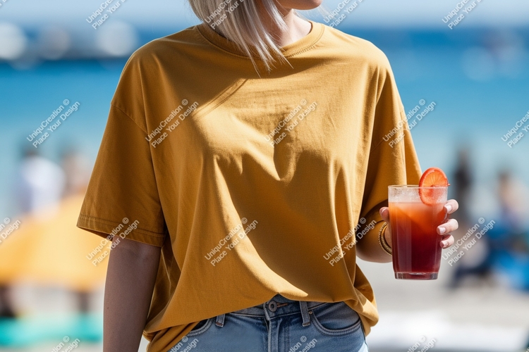 Woman holding drink beach ocean summer