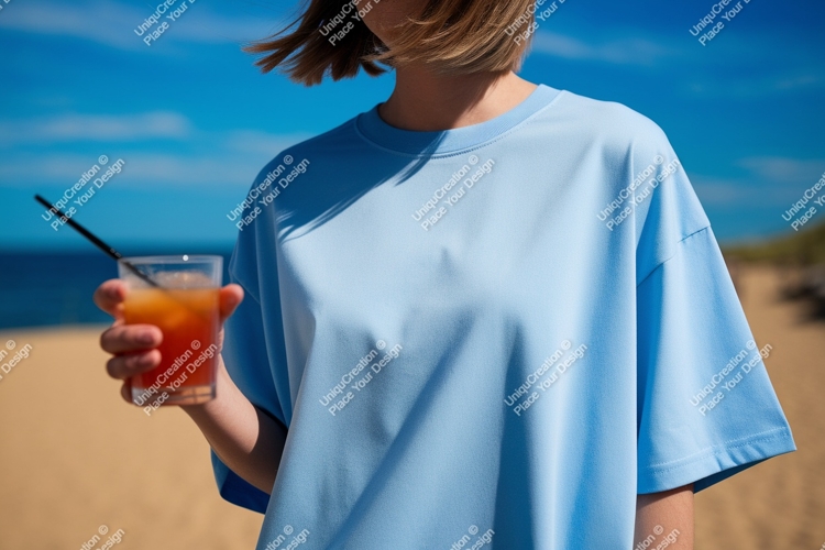 Blue shirt beverage beach sand