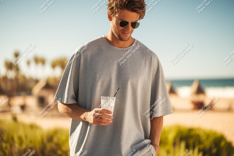 Man wearing grey t shirt holding drink image