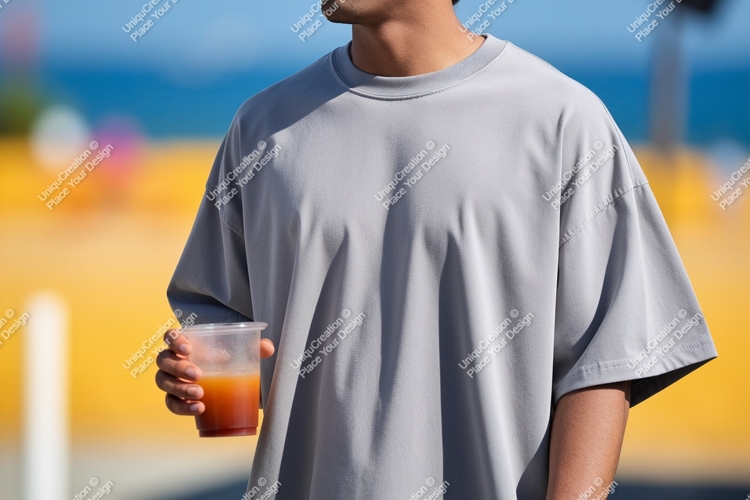 Man wearing grey t shirt holding drink image