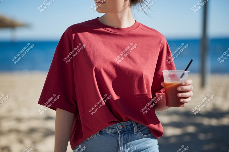 Crimson shirt denim jeans holding drink image