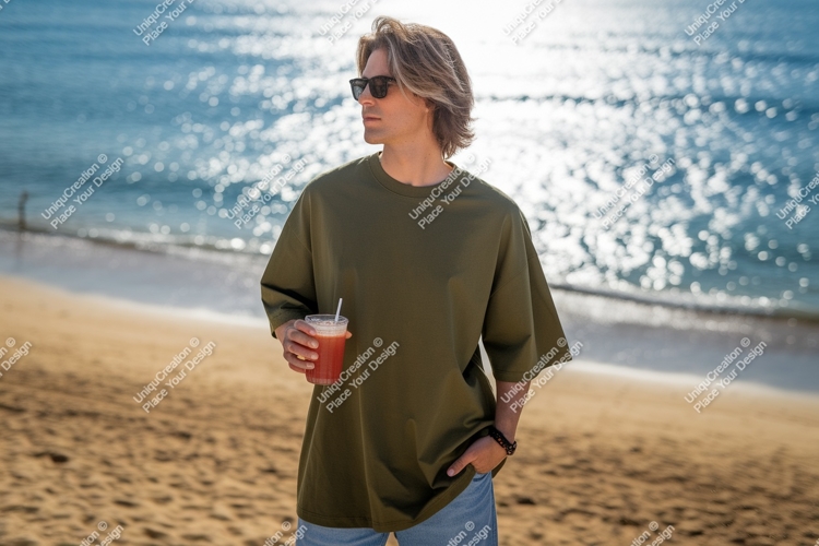 Man holding drink on beach ocean sunglasses