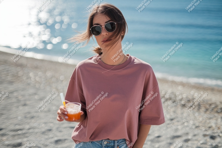 Woman holding drink on beach ocean sunglasses