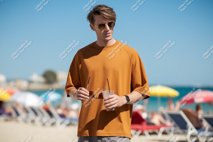 Man holding sunglasses and drink on beach summer