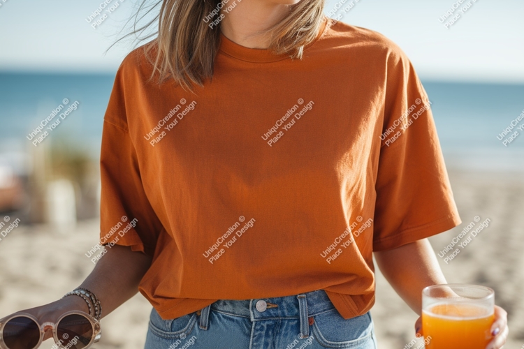 Orange shirt blue jeans beach drink image