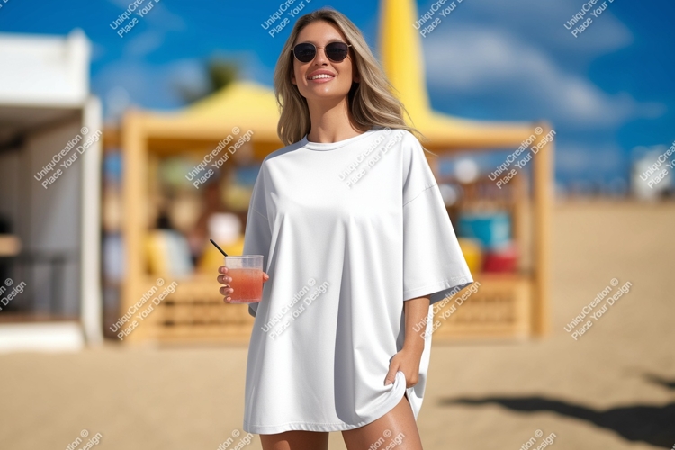 Woman wearing white t shirt on beach image