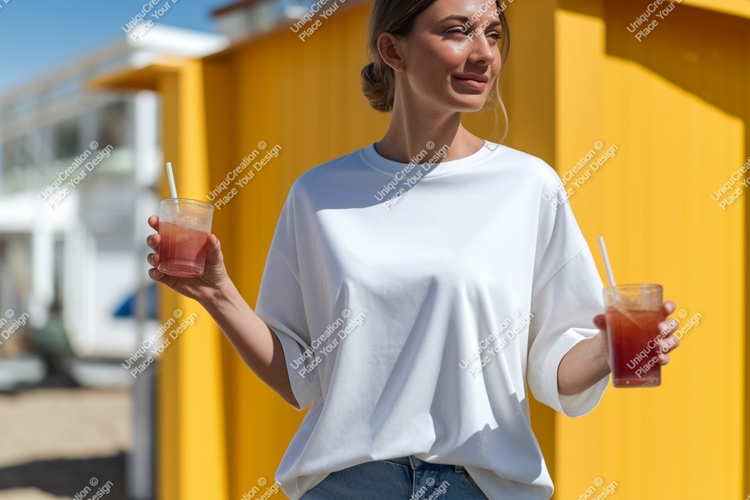 Woman holding drinks white shirt yellow background example image 1