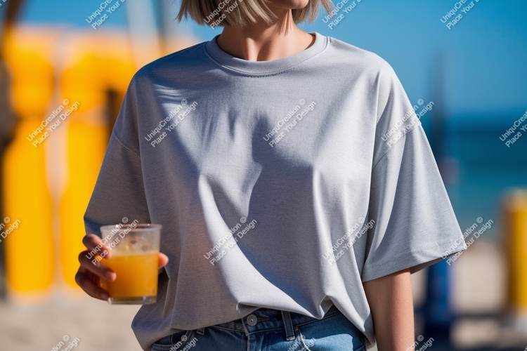 Gray shirt beverage outdoor beach example image 1