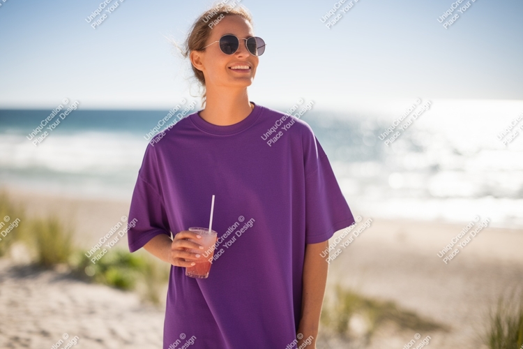 Woman purple shirt sunglasses beach drink image example image 1