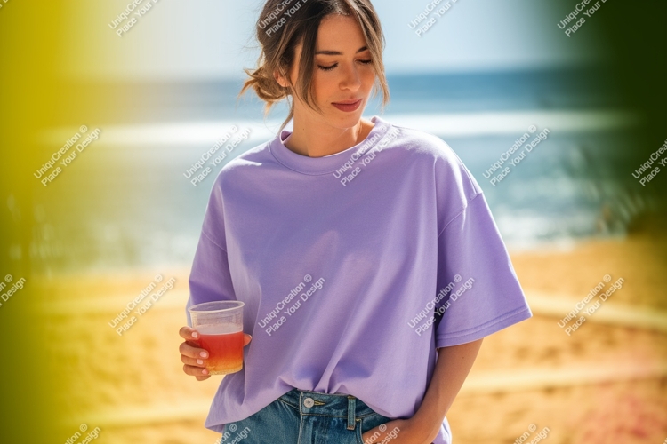 Woman holding drink on beach beverage sand