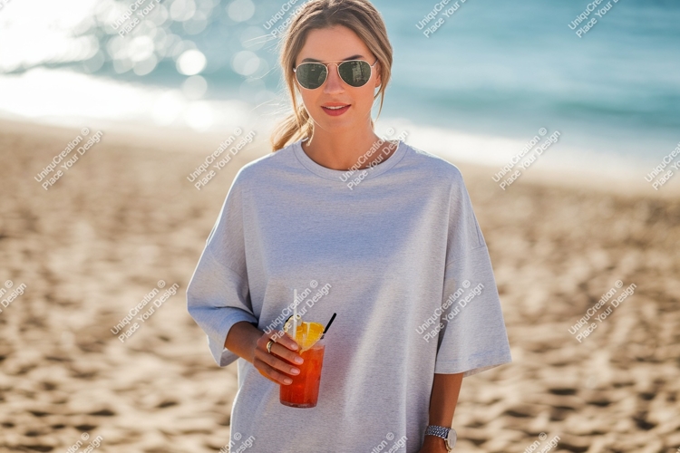 Woman holding drink on beach sunglasses ocean