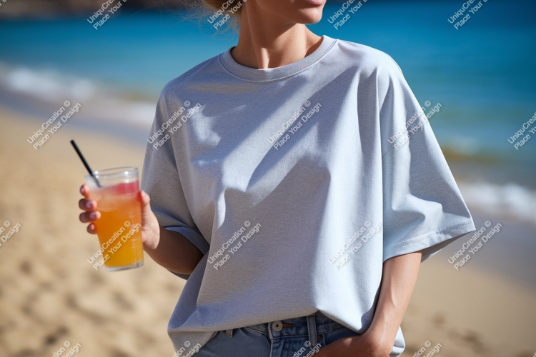Woman holding drink on beach beverage glass