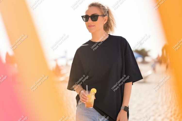 Woman black t shirt sunglasses holding drink image