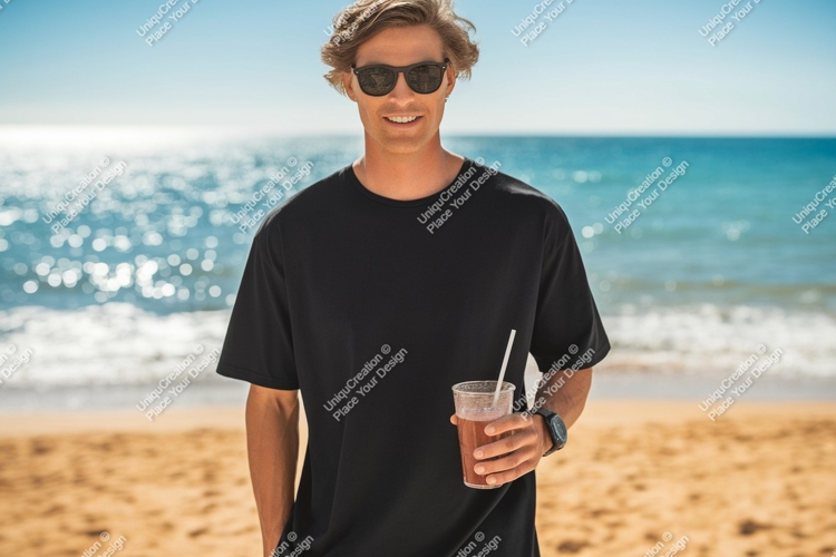 Man black shirt beach drink image