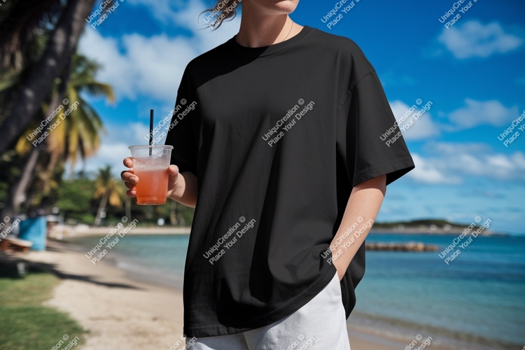 Black t shirt mockup beach drink image