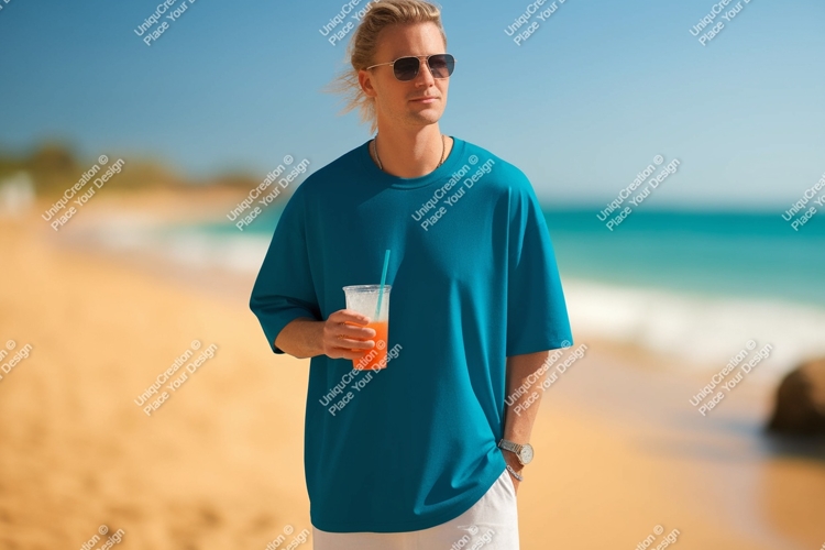 Man wearing teal t shirt holding drink on beach image