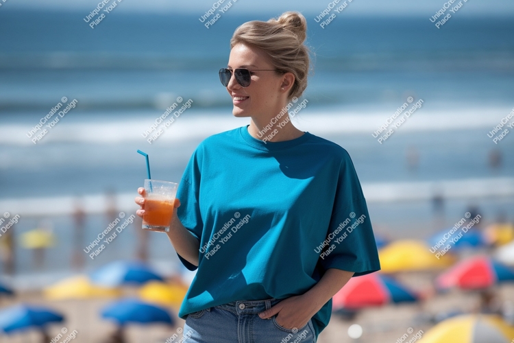 Woman holding drink on beach ocean sunglasses