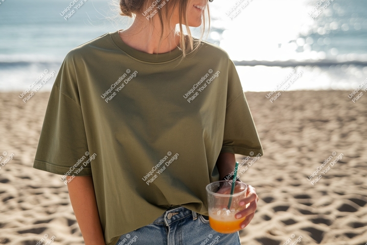 Woman wearing olive green t shirt holding orange drink