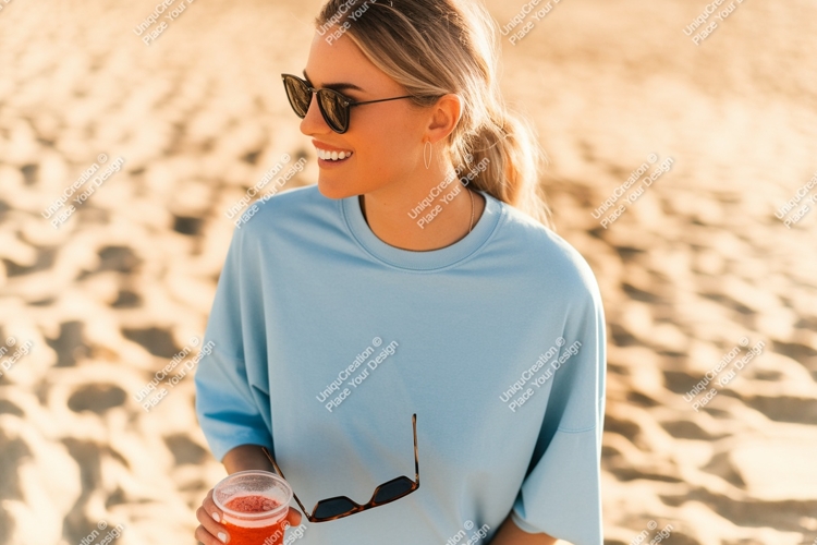 Woman holding drink and sunglasses on beach sand