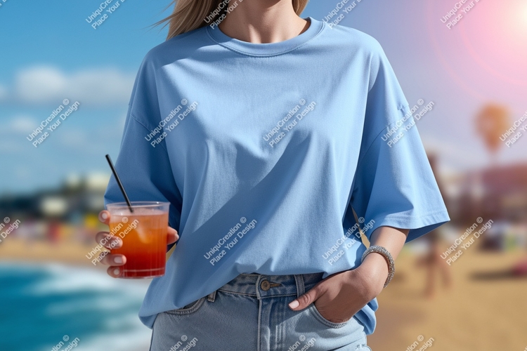 Blue shirt beverage beach summer