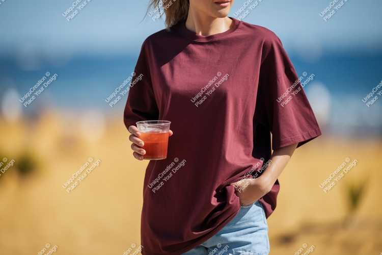 Woman holding drink on beach maroon t-shirt