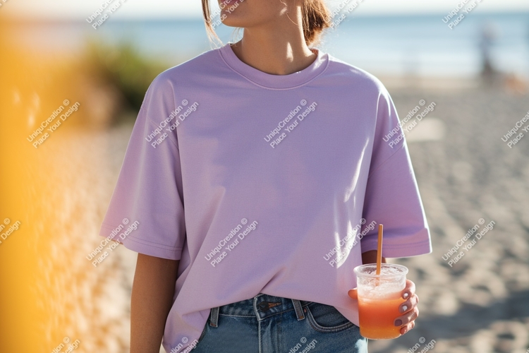 Lavender shirt denim jeans beach drink image