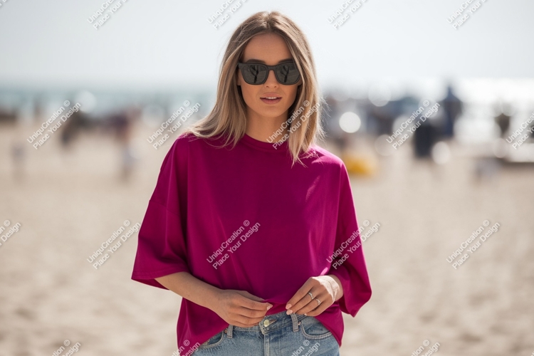 Woman pink shirt sunglasses beach image