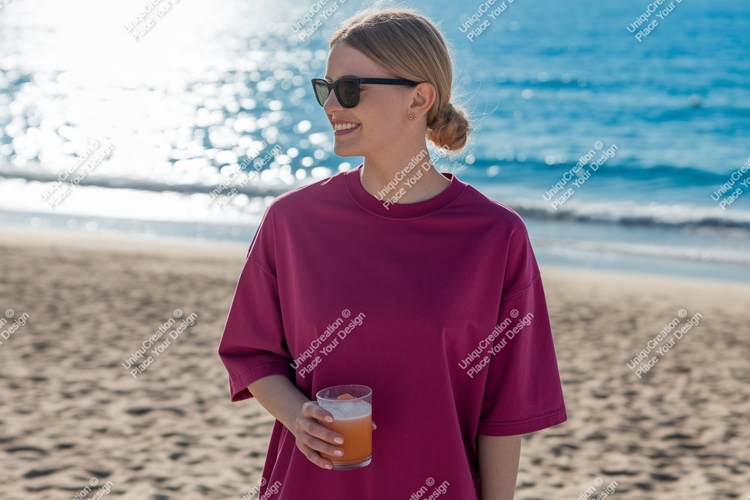 Woman wearing magenta t shirt holding drink on beach